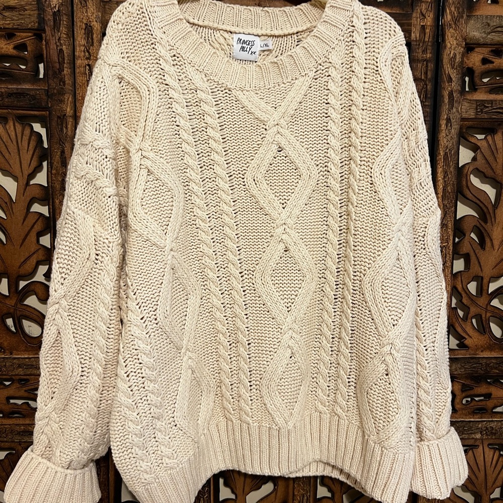 Princess Polly Cream Cable Knit Crew Neck Sweater
